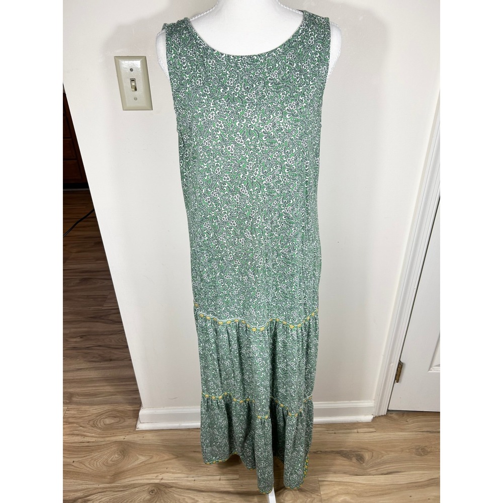 J. Jill Maxi Dress Womens M Green Ditsy Floral Tiered Sleeveless Cotton Modal